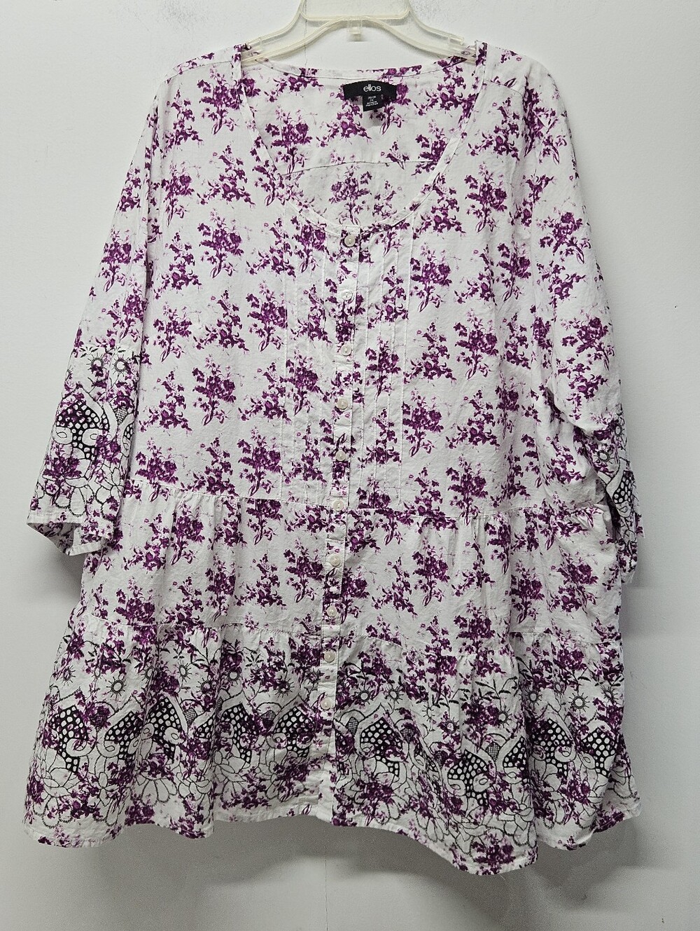 Ellos Tiered Floral Button Front Tunic 3/4 Sleeve Womens Plus 2X White Purple